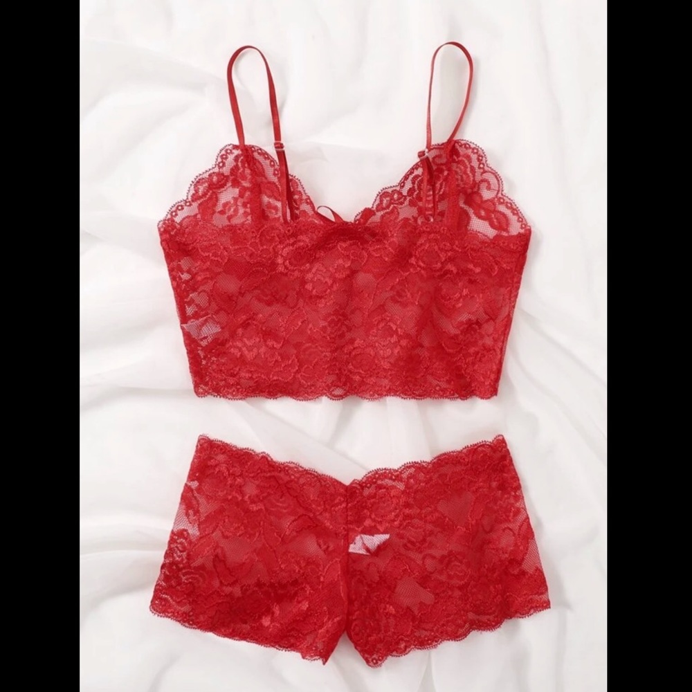 Red, Sheer, Lace, Lingerie Set